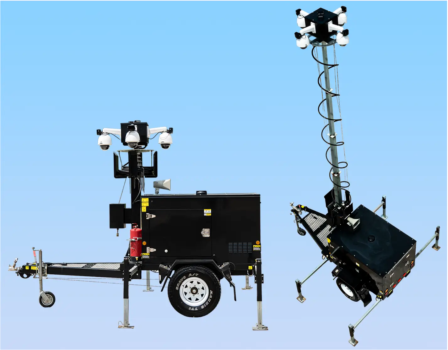 A compact mobile security trailer beside a deployed unit